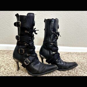 Y2K Black Leather New Rock Boots Metal Stiletto Heel Goth Pointed Witch 38 EU 8